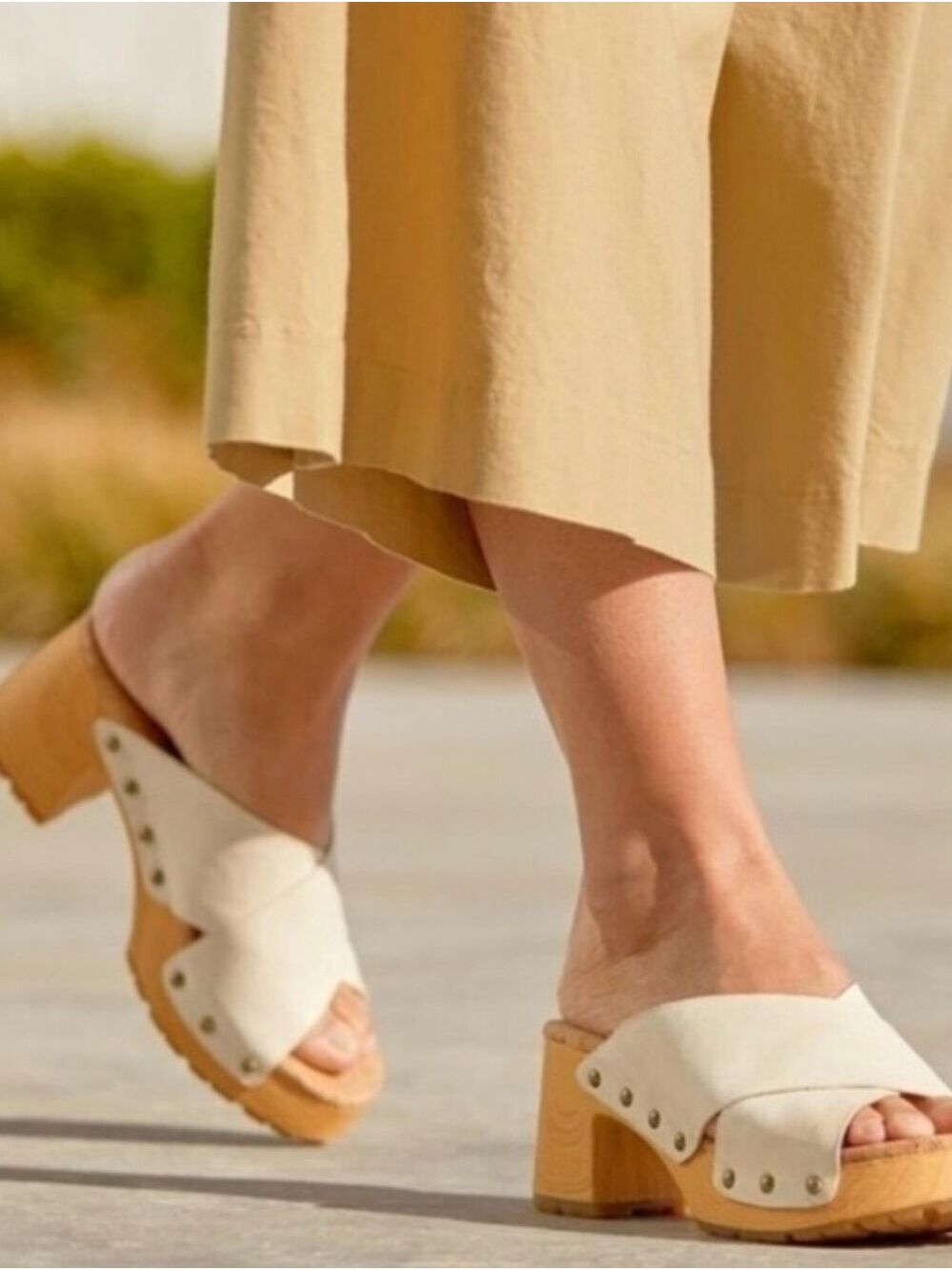 Kork Ease Tatum Leather Slide Platform Faux Wood Heel Sandals, Size 10M